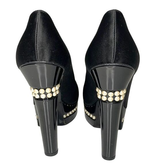 Chanel Pearl Platform Pumps Size 37.5 US 6.5-7 Black Satin Cap Toe High Heels - Picture 7 of 14